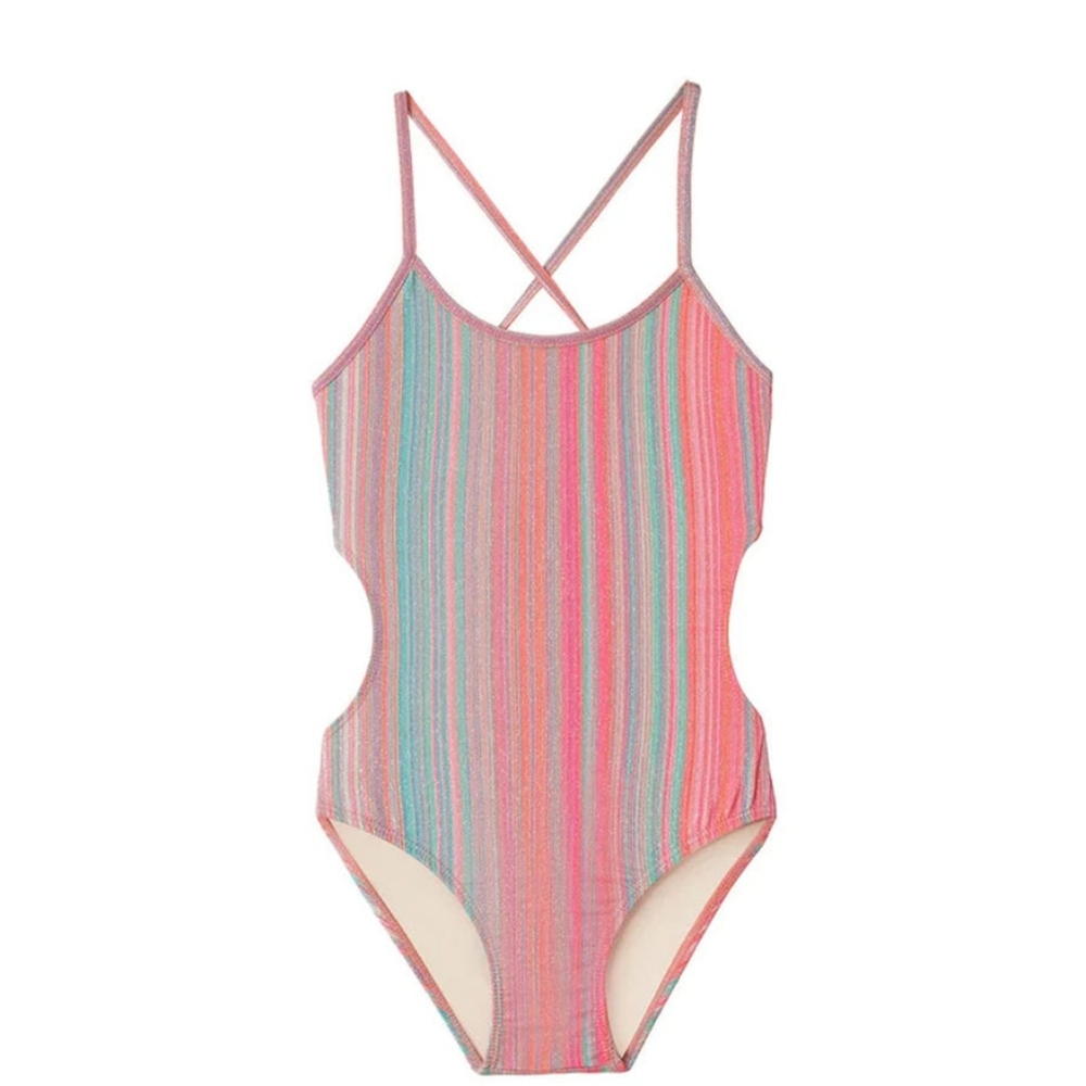 NWT (New) PQ Swim Girls One Piece Striped Ayah Cut Out Swim Suit Size 8
